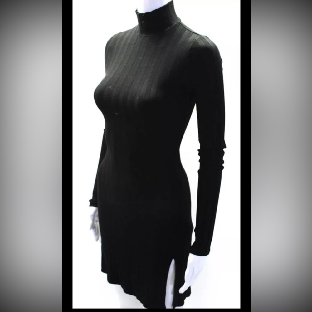 Reformation BLACK Long Sleeve Mock Neck Ribbed Knit short DRESS stretchy women